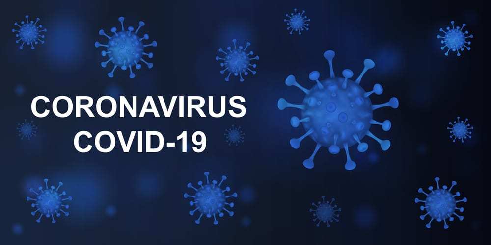 Graphic depicting virus on navy background, text "Coronavirus COVID-19"