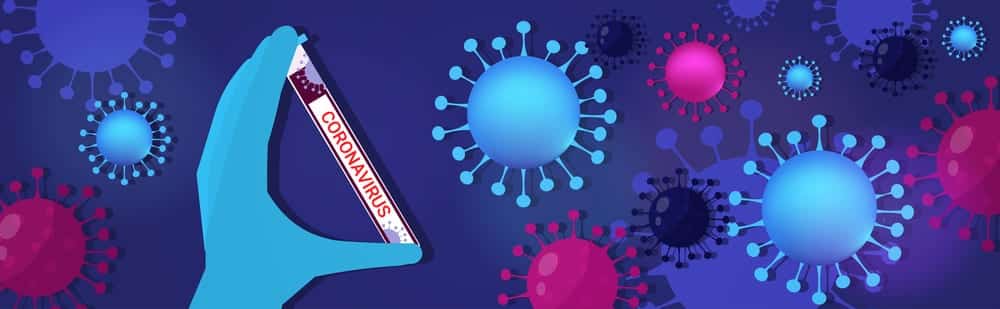 Graphic of gloved hand holding coronavirus sample tube, virus cells in background