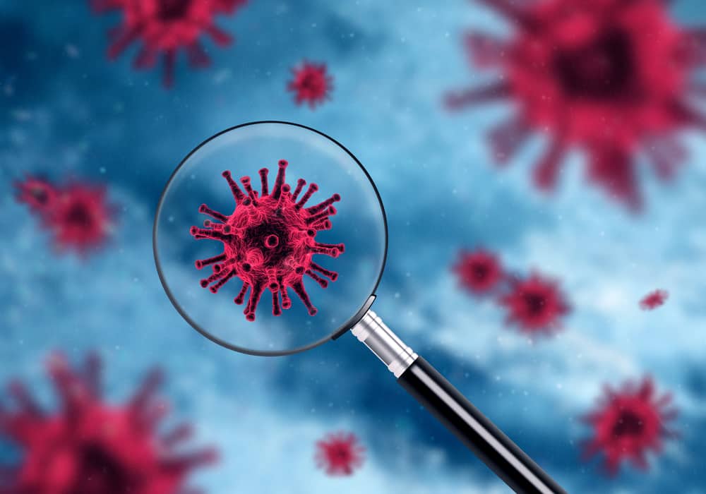 Magnifying glass over pink coronavirus