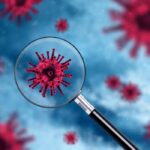 Magnifying glass over pink coronavirus