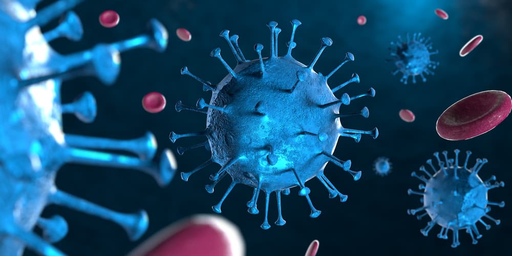 3D illustration of coronavirus under microscope with blood cells