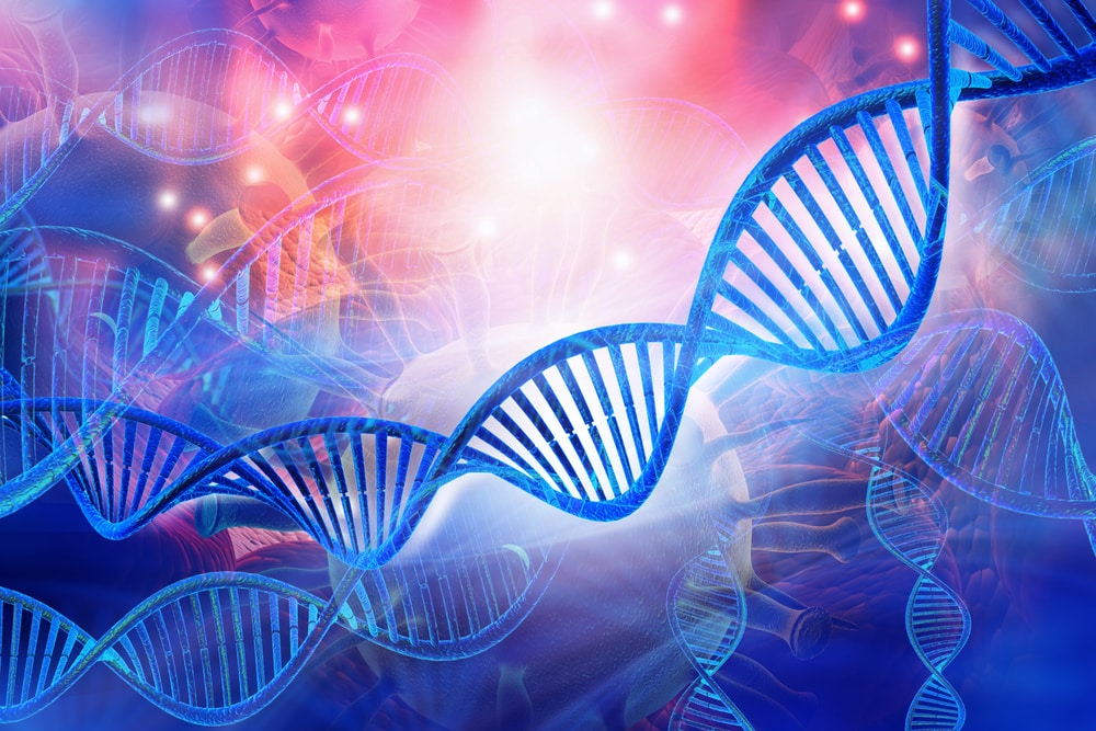 3D dna strands on blue and pink background