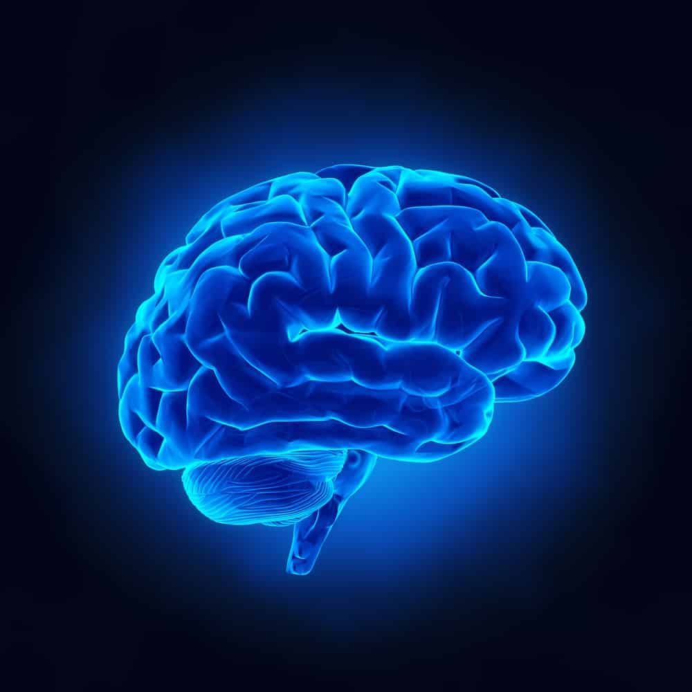 Blue graphic of human brain on black background
