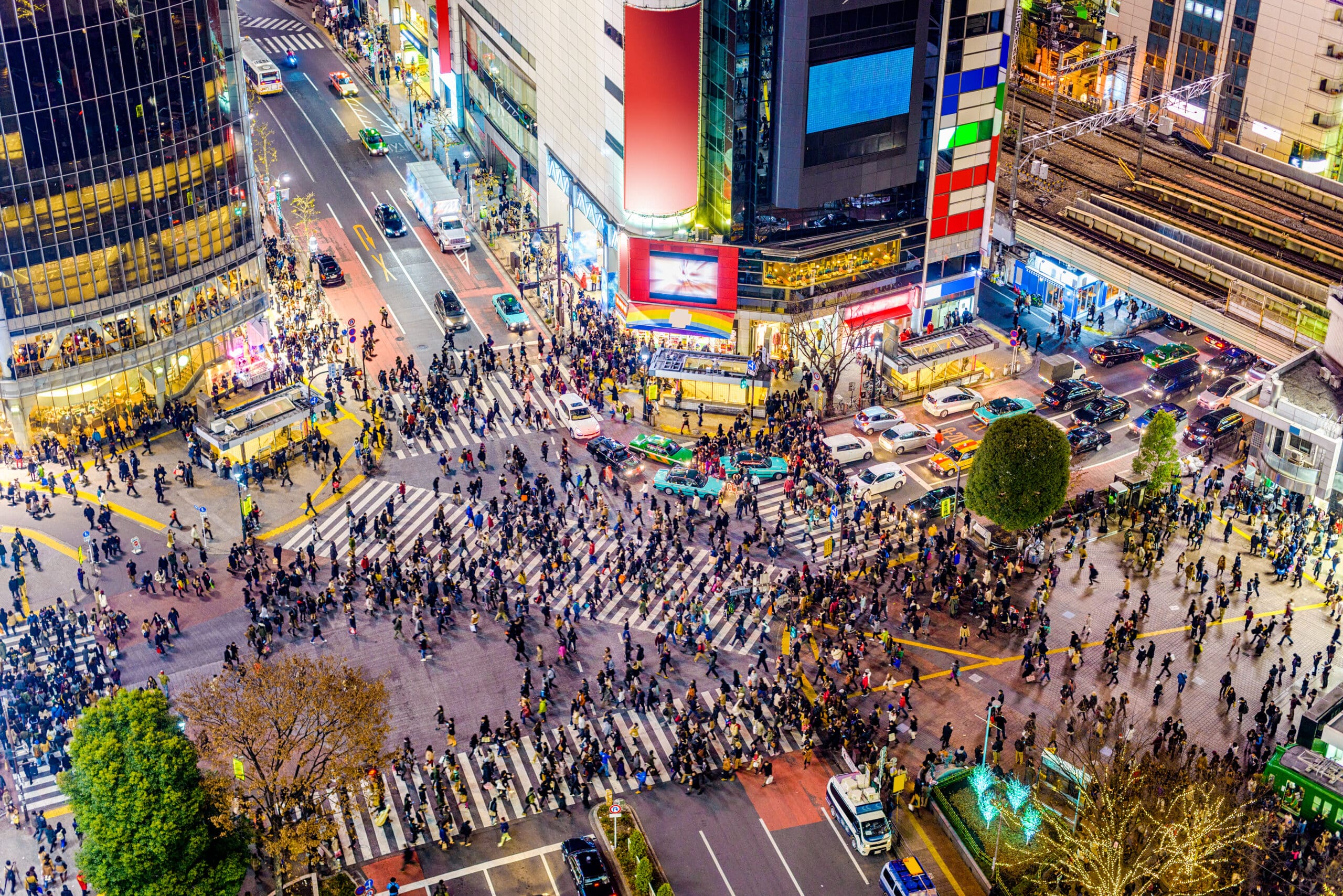 Overhead shot of Shibuya Crossing at night