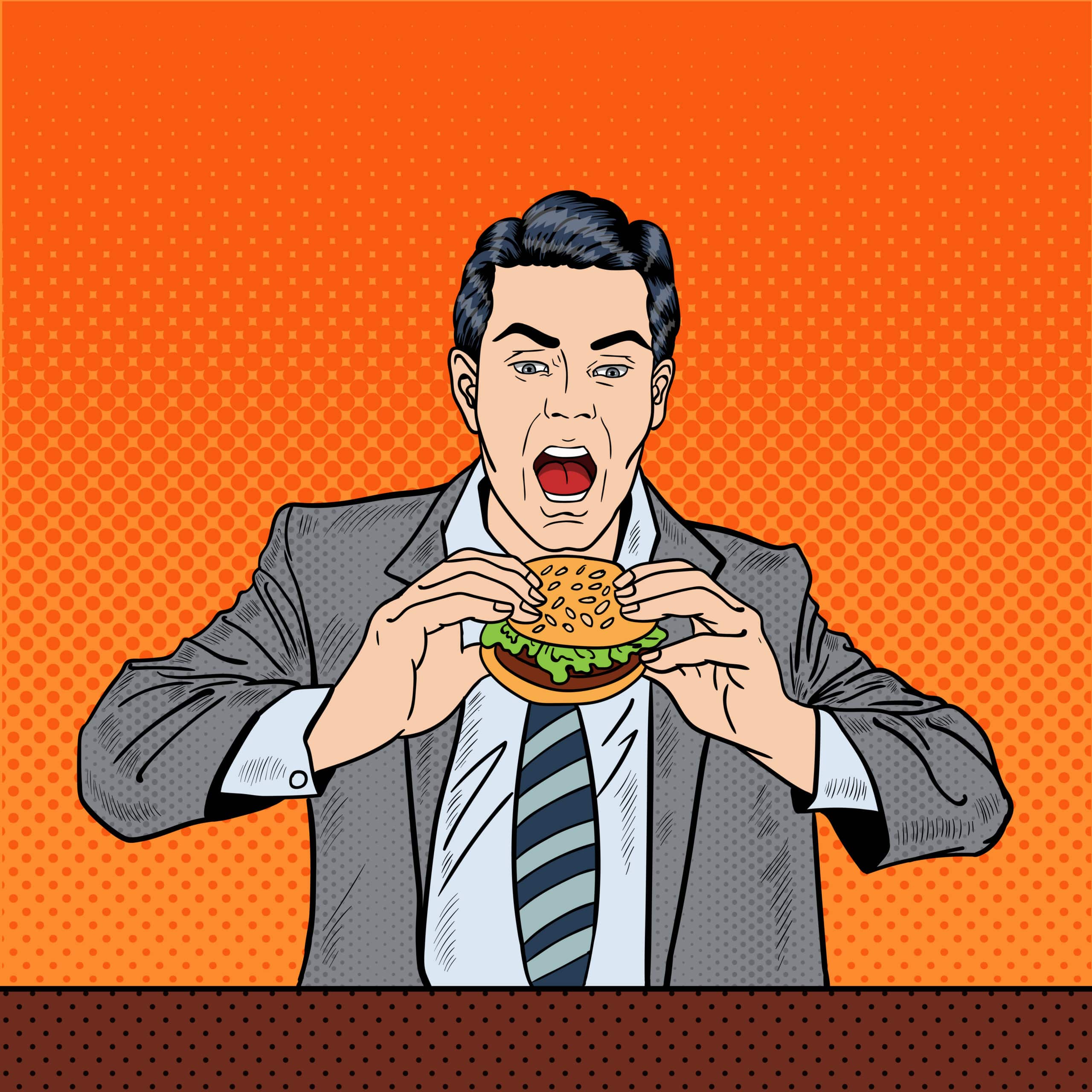 Pop art graphic of business man eating burger