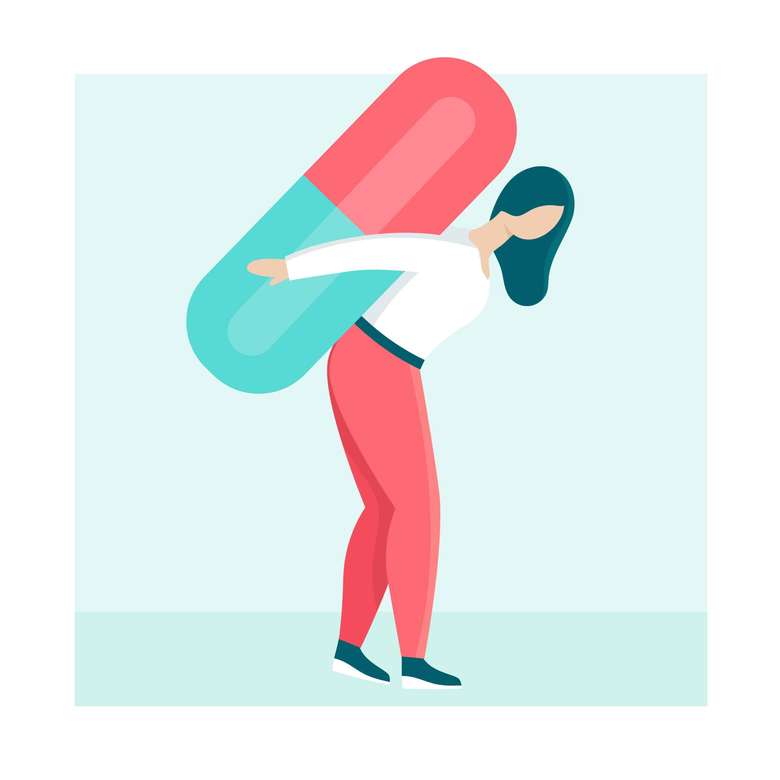graphic of female figure carrying a large pill on her back