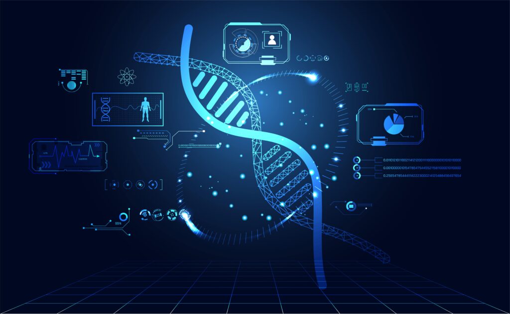 Graphic with DNA strand and abstract technology symbols