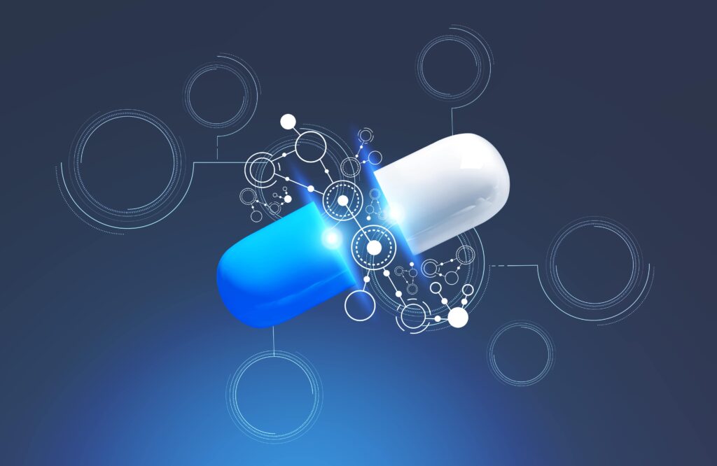 Graphic-illustration-of-a-pill-split-in-half-surrounded-by-circles