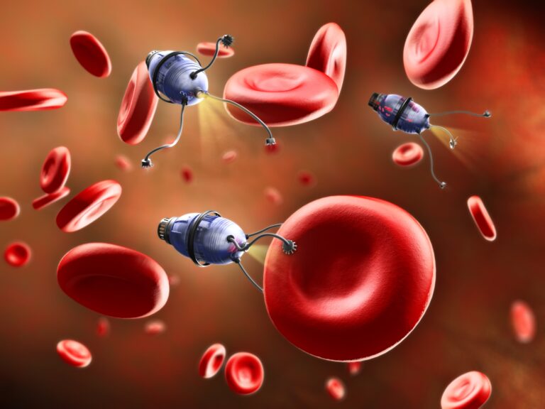 Nanobots traveling through blood cells
