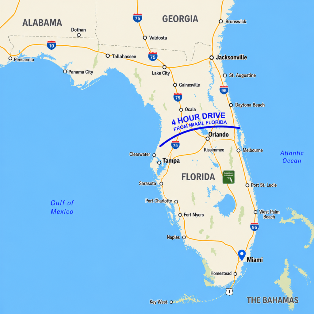 Map 4 hour drive from Miami FL_land only