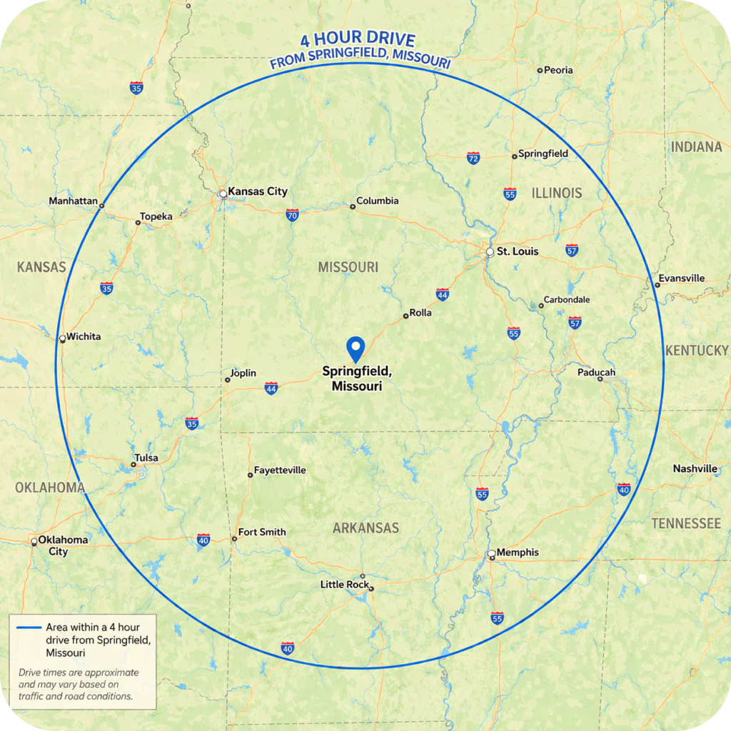 Map 4 hour drive from Springfield MO