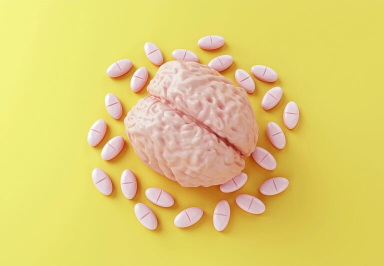 Model of human brain surrounded by pills on yellow background