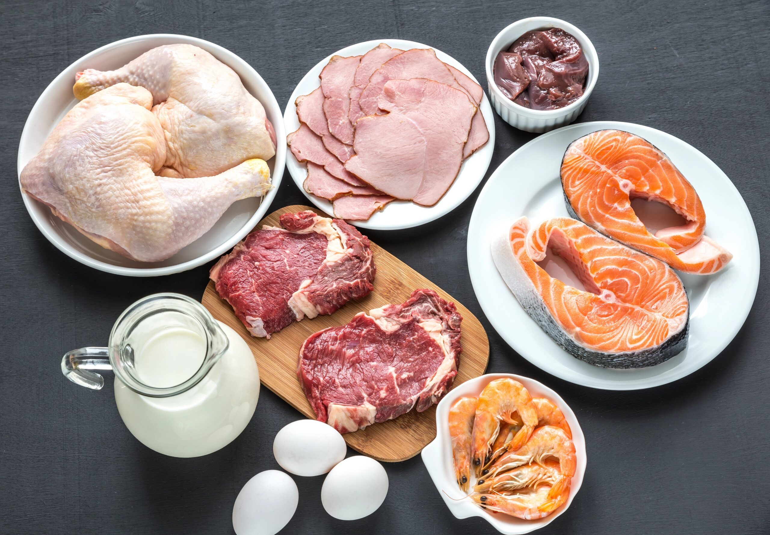 Protein-rich foods including salmon, eggs, shrimp, chicken, etc