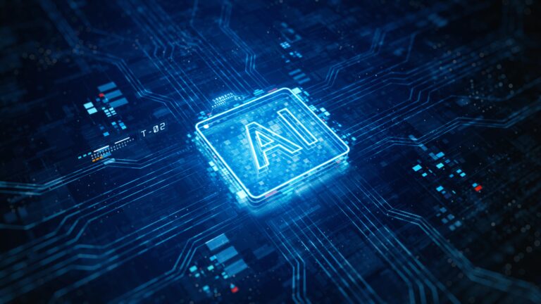 Digital illustration of AI logo on circuit board