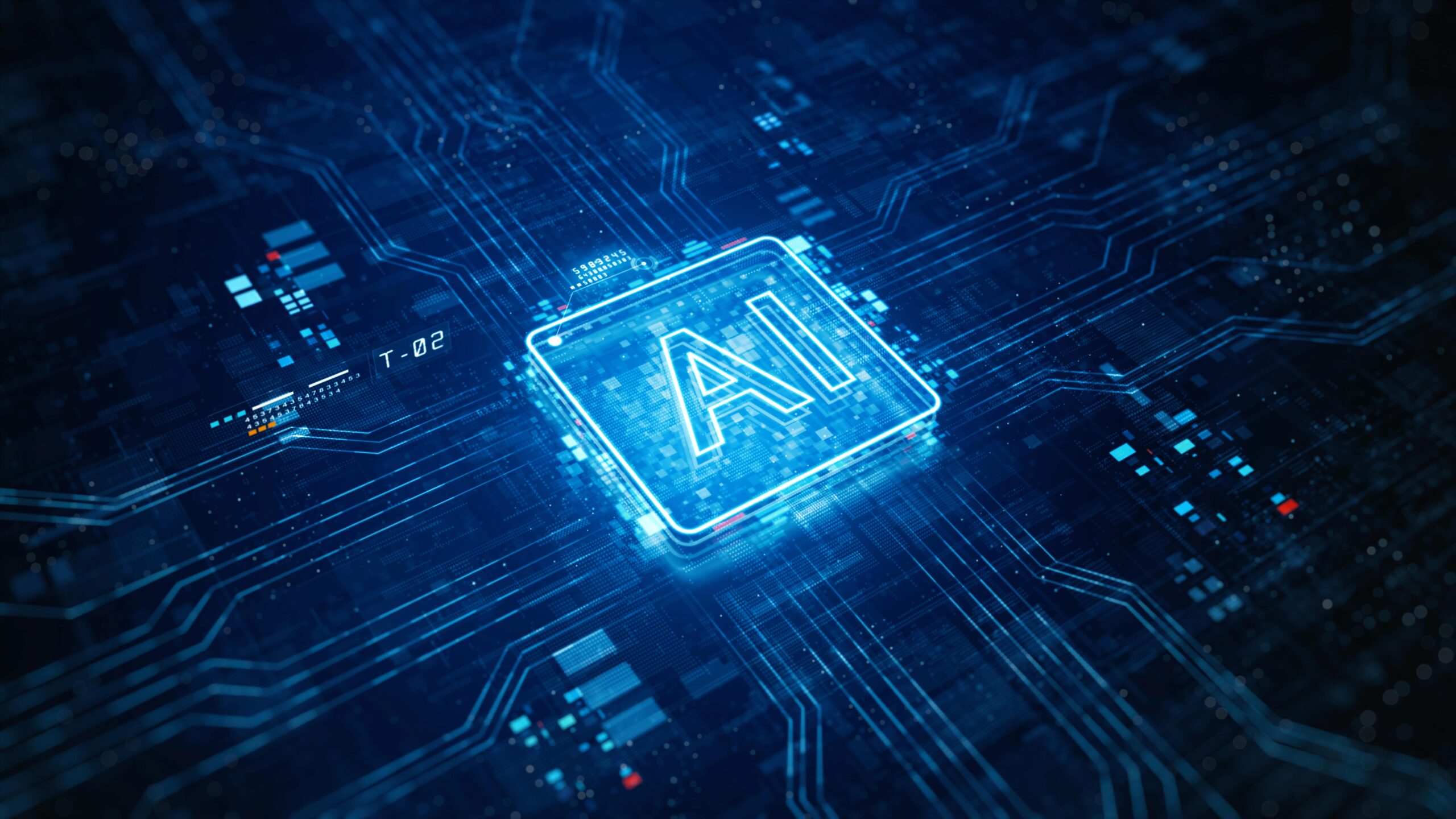 Digital illustration of AI logo on circuit board