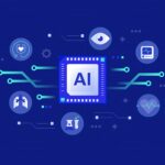 Digital illustration of AI symbol surrounded by healthcare symbols