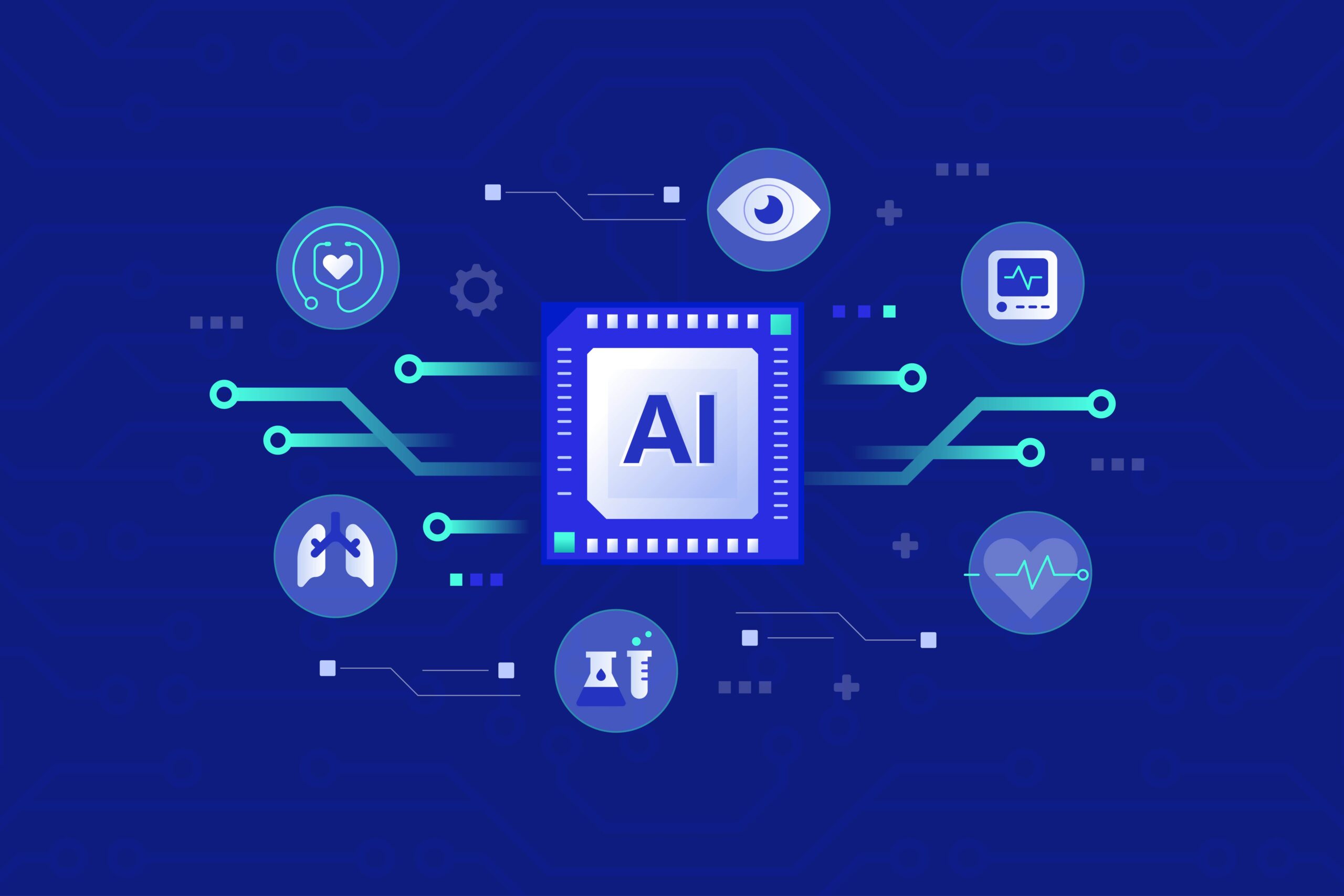 Digital illustration of AI symbol surrounded by healthcare symbols