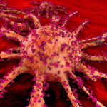 Digital illustration of a growing cancer cell spreading on healthy tissue