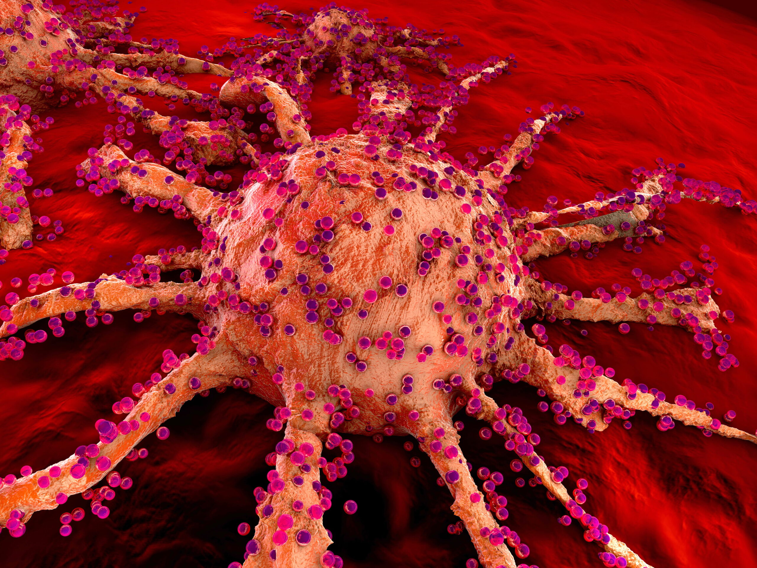 Digital illustration of a growing cancer cell spreading on healthy tissue