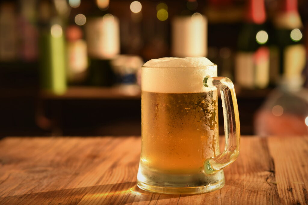 Pint of beer on bar