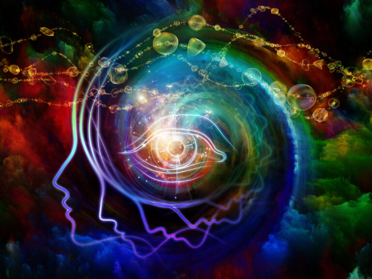 Colorful psychdelic digital illustration, spiraling silhouette, eye in center