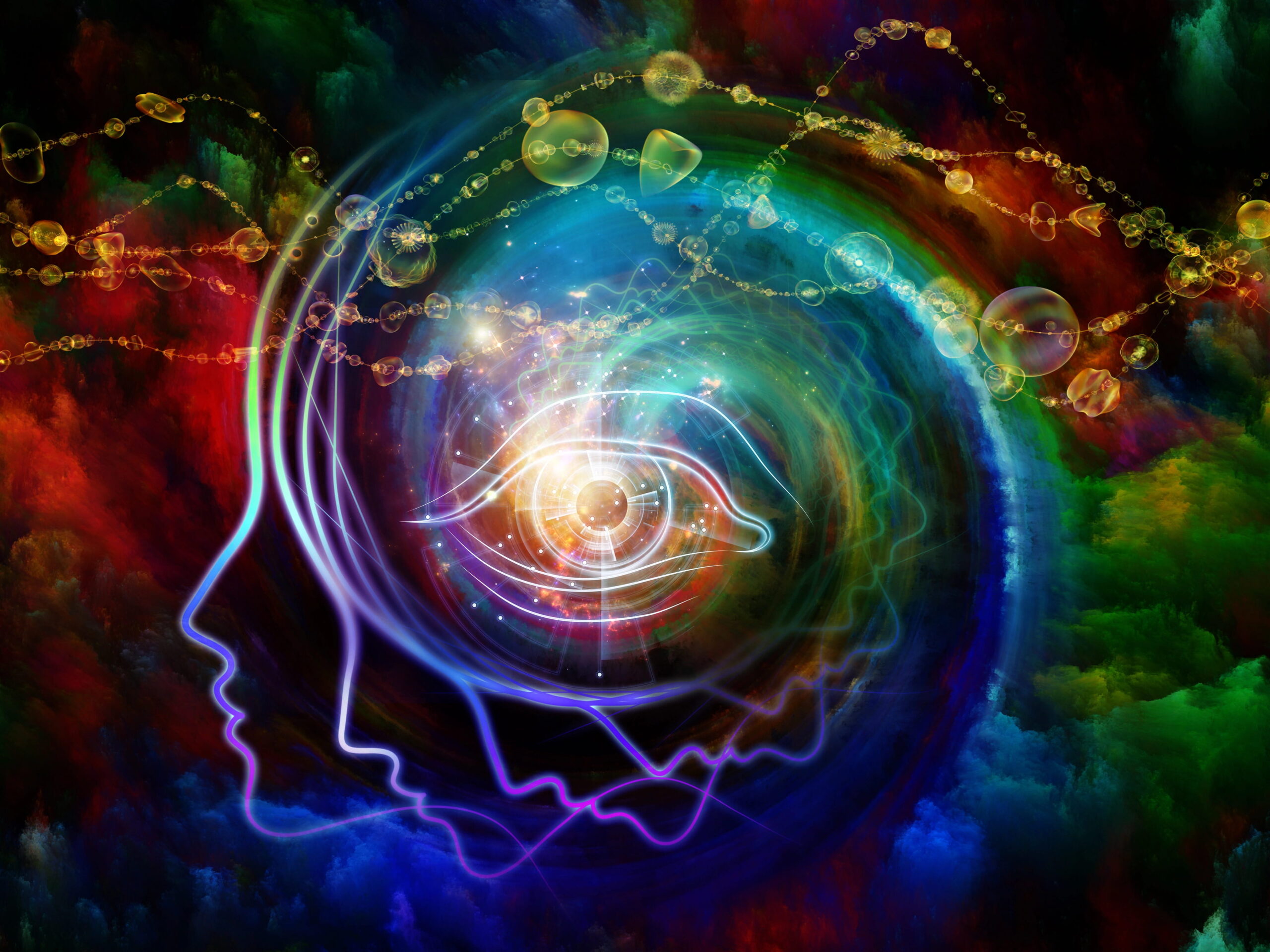 Colorful psychdelic digital illustration, spiraling silhouette, eye in center