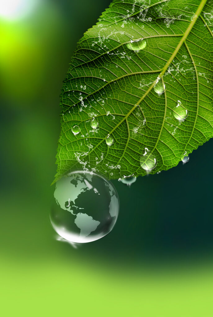 Green leaf with earth in water drop reflection under green leaf, water and environment concept