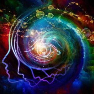 Colorful psychdelic digital illustration, spiraling silhouette, eye in center
