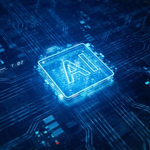 Digital illustration of AI logo on circuit board