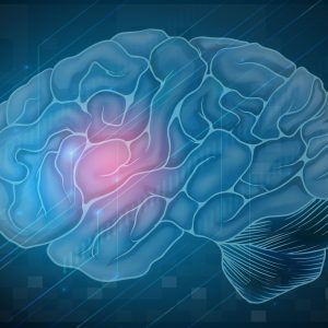 Digital illustration of human brain, one section highlighted pink indicating tumor