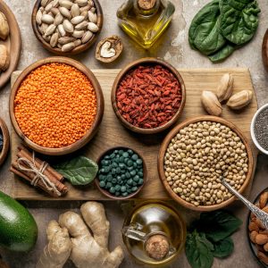 Healthy array of food, nuts, legumes, ginger, spinach, etc