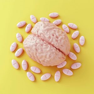 Model of human brain surrounded by pills on yellow background