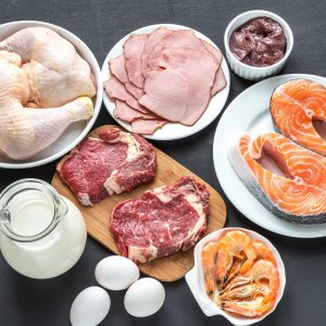 Protein-rich foods including salmon, eggs, shrimp, chicken, etc